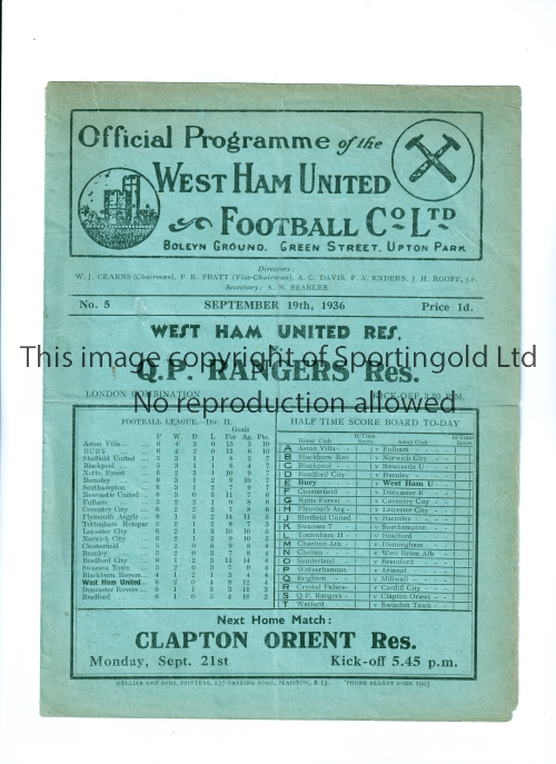 WEST HAM UNITED V QUEEN'S PARK RANGERS 1936 Programme for the London Combination 19/9/1936, slightly