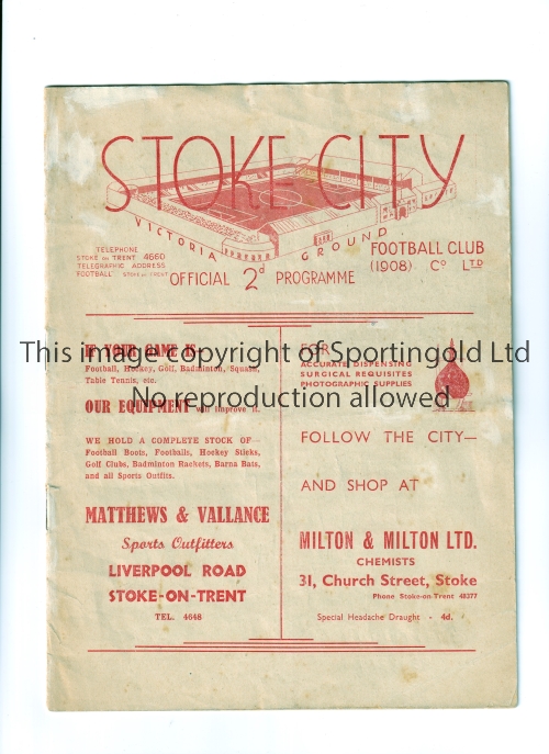 STOKE CITY V SUNDERLAND 1937 Programme for the League match at Stoke 20/11/1937, repairs to the