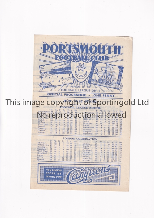 TOTTENHAM HOTSPUR Programme for the away FL South match v Portsmouth 6/4/1946. Generally good