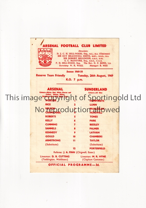 ARSENAL V SUNDERLAND 1969 FRIENDLY Single card programme for the Reserve Team Friendly at Highbury