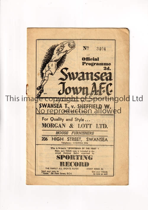 SWANSEA TOWN V SHEFFIELD WEDNESDAY 1950 Programme for the League match at Swansea 18/3/1950,