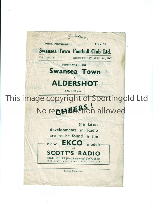 SWANSEA TOWN V ALDERSHOT 1947 Programme for the Combination Cup tie at Swansea 4/4/1947, creased,