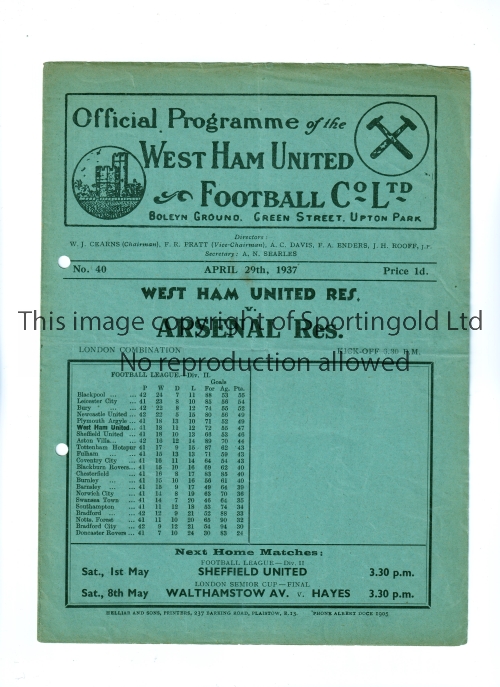 WEST HAM UNITED V ARSENAL 1937 / LONDON COMBINATION DECIDER Programme for the match at West Ham