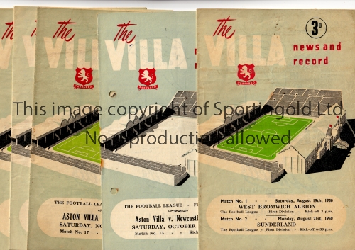 ASTON VILLA Five home programmes for the League matches v West Bromwich 19/8/1950, missing page