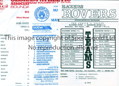 MANCHESTER UNITED Ten away single sheet programmes for reserve matches for the season 1989/90,