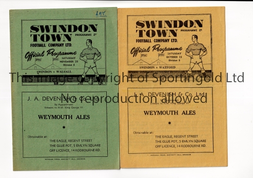 SWINDON TOWN Two home programmes for the League matches v Watford 23/10/1948, horizontal crease,
