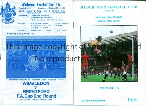 BRENTFORD Two away programmes v Slough Town 23/11/1974 FA Cup 1st round proper and Wimbledon 13/12/