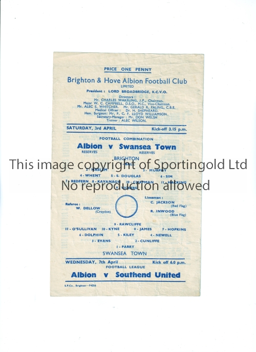 BRIGHTON AND HOVE ALBION V SWANSEA TOWN 1948 Single sheet programme for the Combination match at