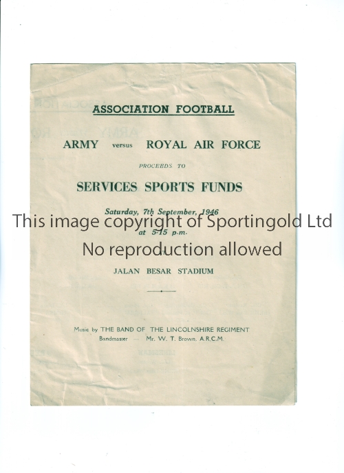 THE ARMY V THE R.A.F. IN SINGAPORE 1946 Four page programme for the match played in the Jalan