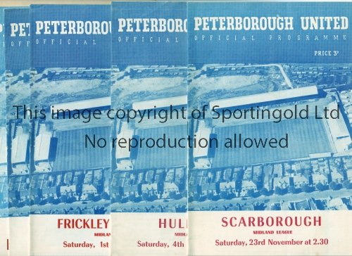 PETERBOROUGH UNITED Five home programmes: Midland League v Scarborough 23/11/57, vertical crease,