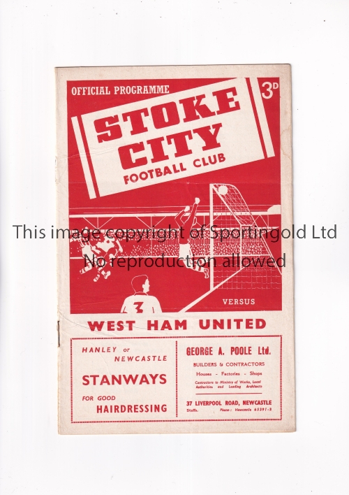 STOKE CITY V WEST HAM UNITED 1953 Programme for the League match at Stoke 29/8/1953. Generally good