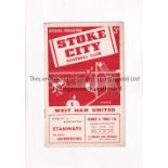STOKE CITY V WEST HAM UNITED 1953 Programme for the League match at Stoke 29/8/1953. Generally good