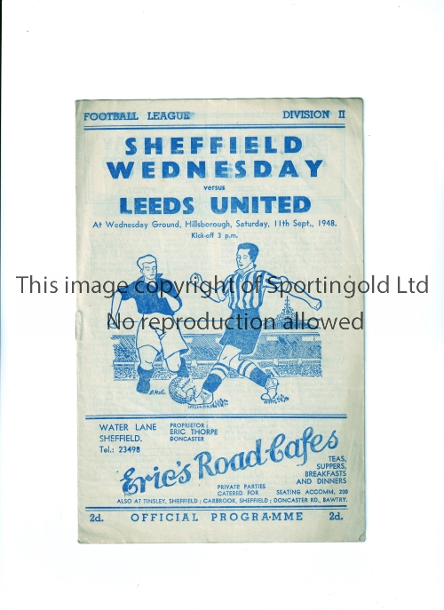 LEEDS UNITED Programme for the away League match v Sheffield Wednesday 11/9/1948. Generally good