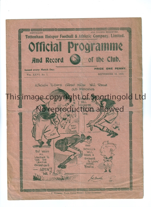 TOTTENHAM HOTSPUR V ARSENAL 1933 Programme for the League match at Tottenham 16/9/33, creased.