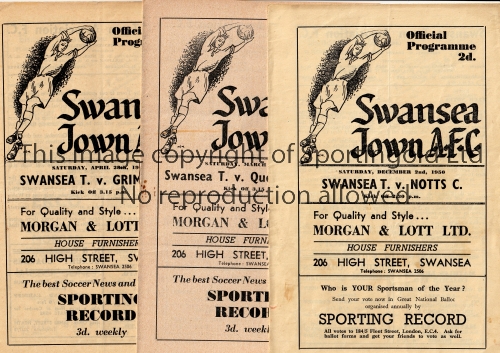 SWANSEA TOWN Three home programmes for the League matches v Notts County 2/12/1950, Queen's Park