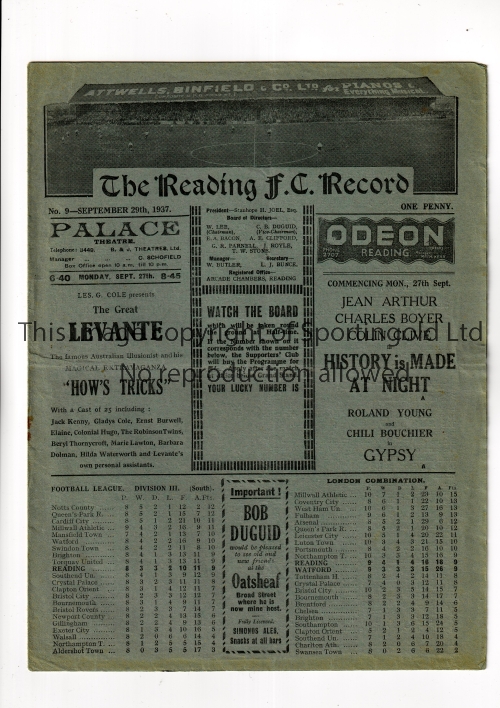 READING V WATFORD 1937 Programme for the London Combination match at Reading 29/9/1937, horizontal