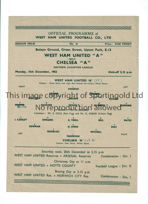 CHELSEA Programme for the away Eastern Counties League match v West Ham United 15/12/1952, very