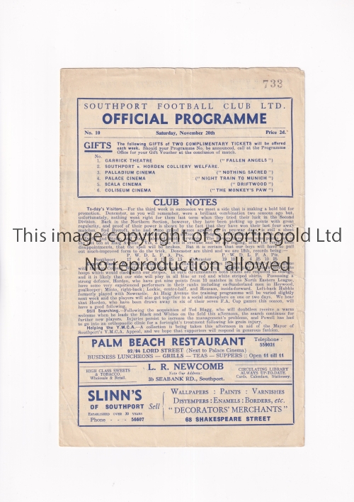 SOUTHPORT V DONCASTER ROVERS 1948 Programme for the League match at Southport 20/11/1948.