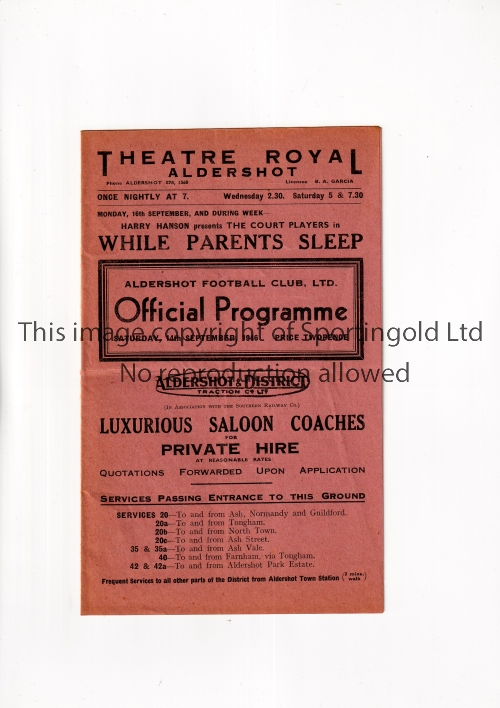 ALDERSHOT V BOURNEMOUTH 1946 Programme for the League match at Aldershot 14/9/1946, horizontal