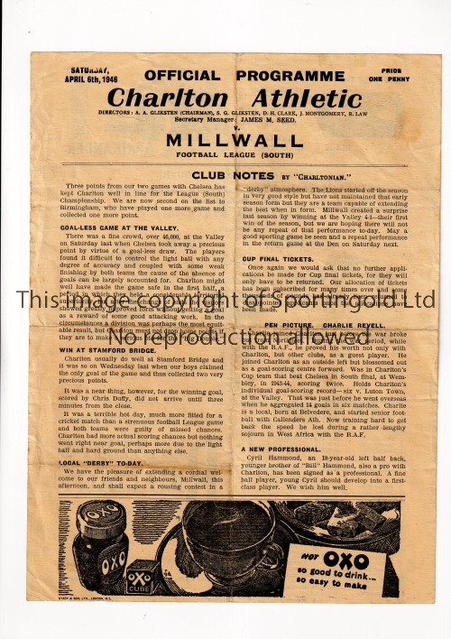 CHARLTON ATHLETIC V MILLWALL 1946 Single sheet programme for the FL South match at Charlton 6/4/