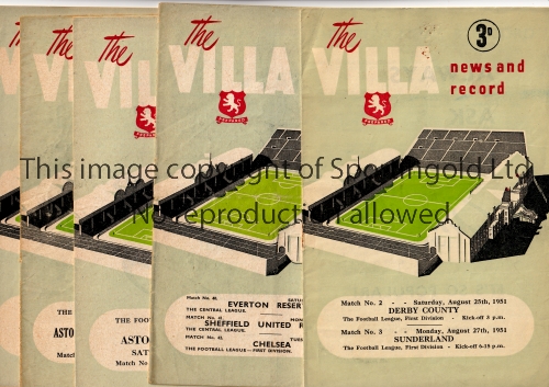 ASTON VILLA Five home programmes, including 2 X joint issues v Derby County 24/8/1951 and Sunderland