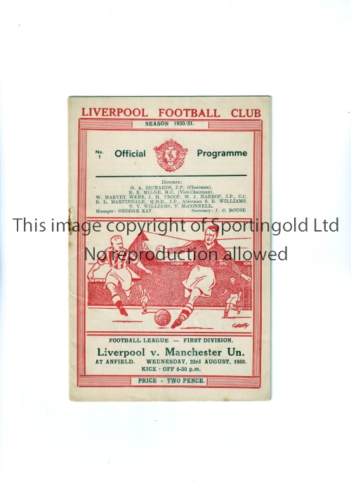 MANCHESTER UNITED Programme for the away match at Liverpool on 23/8/50, staple removed. Generally
