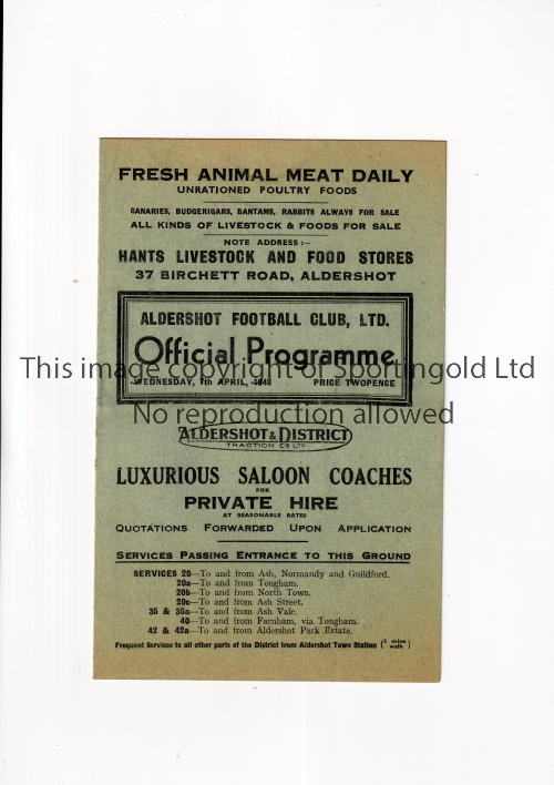 ALDERSHOT V NORWICH CITY 1948 Programme for the League match at Aldershot 7/4/1948, horizontal