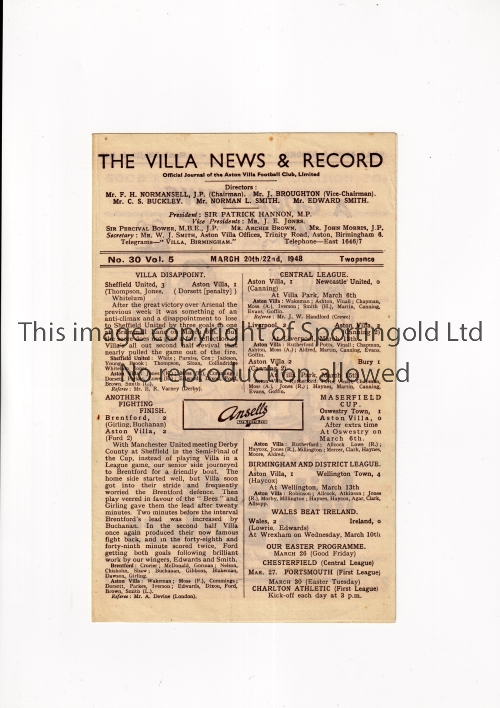 ASTON VILLA V BOLTON WANDERERS 1948 Programme for the Central League match at Aston Villa 20/3/1948,