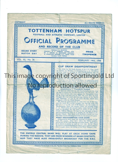 TOTTENHAM HOTSPUR Programme for the home Combination Cup tie v Charlton Athletic 14/2/48, folded and