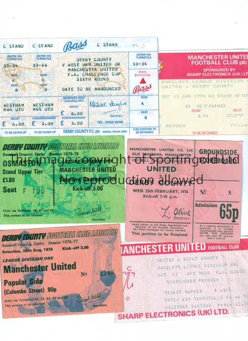 MANCHESTER UNITED Tickets for matches against Derby County, homes 25/2/76, 2/4/88, 13/1/90 plus
