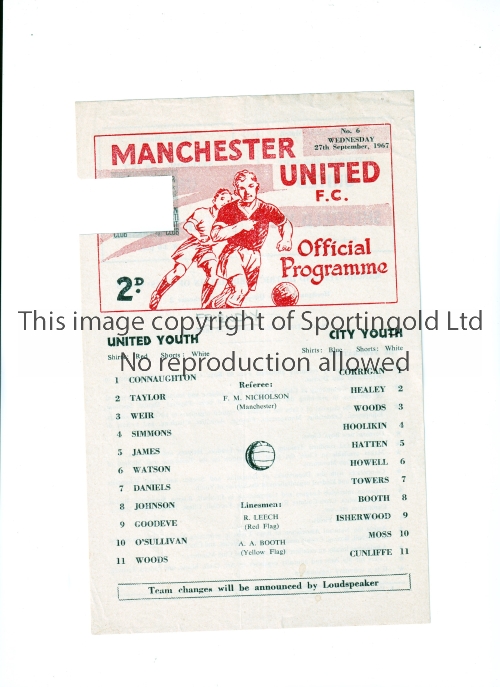 MANCHESTER UNITED Single sheet for a Youth friendly against Manchester City at Old Trafford on 27/