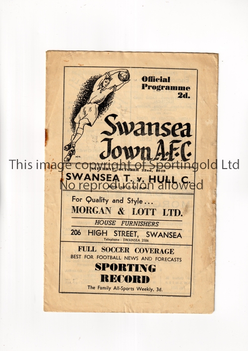 SWANSEA TOWN V HULL CITY 1949 Programme for the League match at Swansea 22/10/1949, slightly
