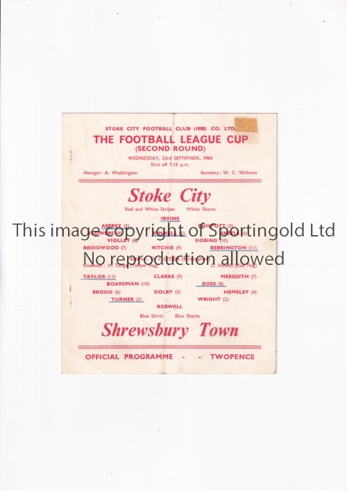 STOKE CITY V SHREWSBURY TOWN 1964 Single card programme for the Football League Cup tie 2nd round at