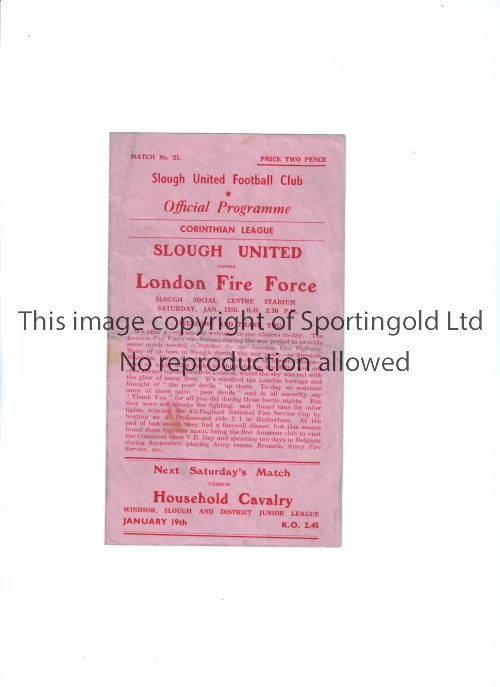 SLOUGH UNITED V LONDON FIRE FORCE 1946 Programme for the Corinthian League match at Slough 12/1/
