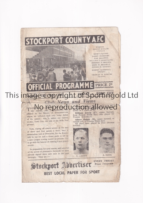 STOCKPORT COUNTY V YORK CITY 1947 Programme for the League match at Stockport 31/5/1947, creased,