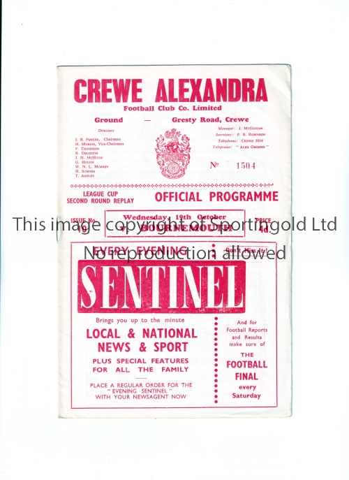 1960-61 FOOTBALL LEAGUE CUP / FIRST SEASON Programme for Crewe Alexandra v Bournemouth 19/10/1960.