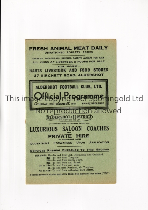 ALDERSHOT V WALSALL 1947 Programme for the League match at Aldershot 27/12/1947, re-stapled.