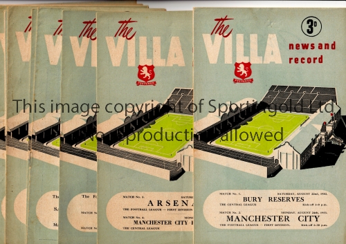 ASTON VILLA Eleven home programmes for the League matches v Manchester City 24/8/1953, Arsenal 29/