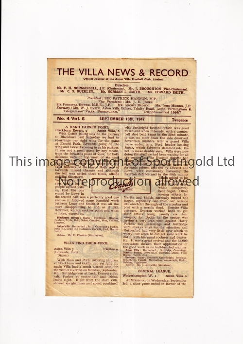 ASTON VILLA V BLACKPOOL 1947 Programme for the League match at Aston Villa 13/9/1947, scores