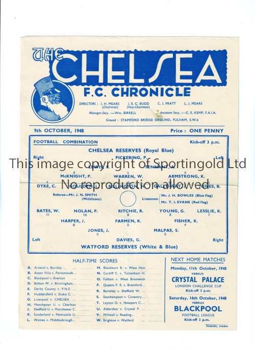 CHELSEA Single sheet home programme for the Football Combination match v Watford 9/10/1948,