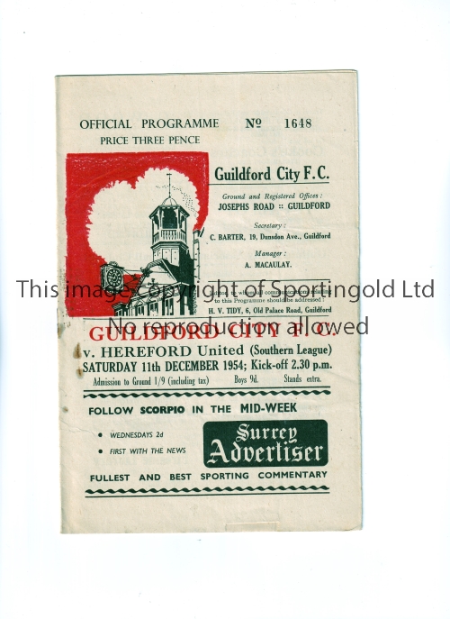 GUILDFORD CITY V HEREFORD UNITED 1954 Programme for the match at Guildford on 11/12/54, rusty