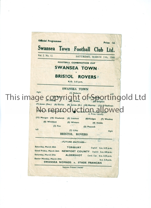 SWANSEA TOWN V BRISTOL ROVERS 1948 Single sheet programme for the Combination Cup tie at Swansea