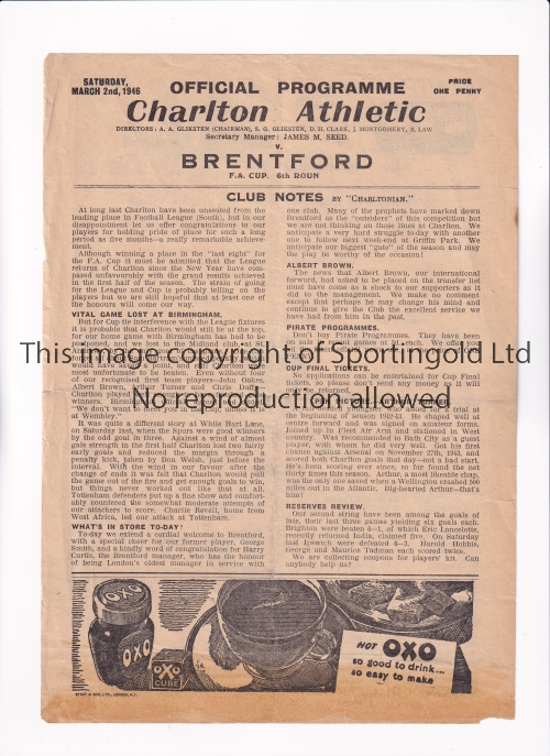 1945/6 FA CUP / CHARLTON ATHLETIC V BRENTFORD Single sheet programme for the tie at Charlton 2/3/