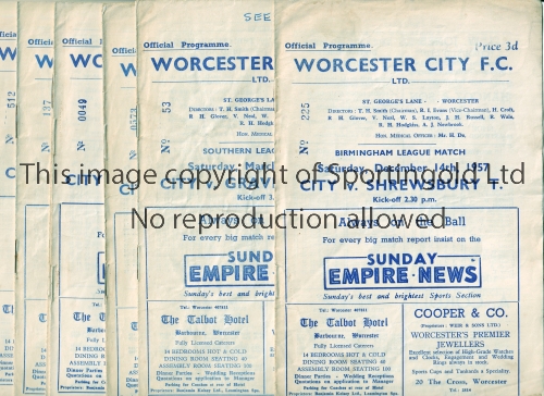 WORCESTER CITY Eight home programmes, including v Shrewsbury Town 14/12/1957, Birmingham League,