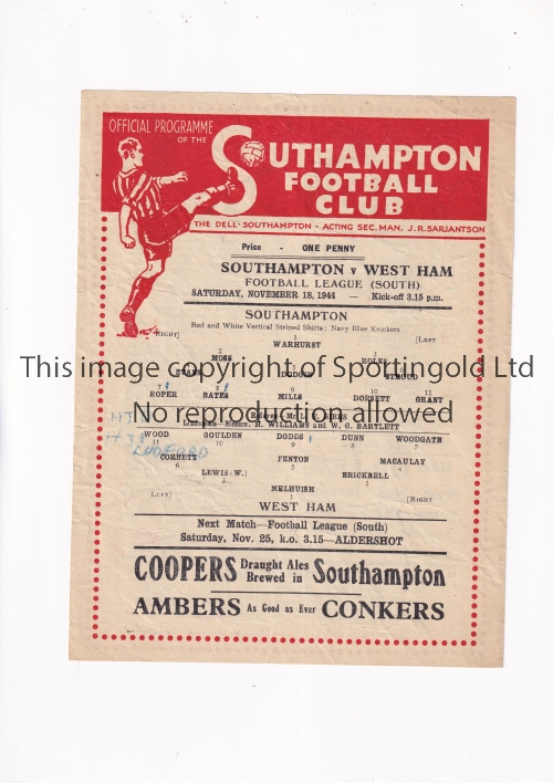 SOUTHAMPTON V WEST HAM UNITED 1944 Single sheet programme for the FL South match at Southampton 18/