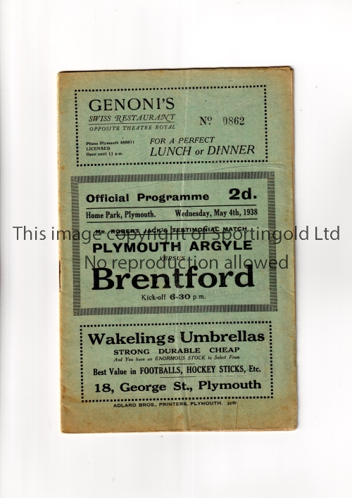 PLYMOUTH ARGYLE V BRENTFORD 1938 Programme for the Robert Jack's Testimonial match at Plymouth 4/5/