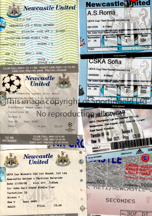 NEWCASTLE UNITED Eight tickets for European matches: 6 homes v Antwerp 94/5, Barcelona 97/8,