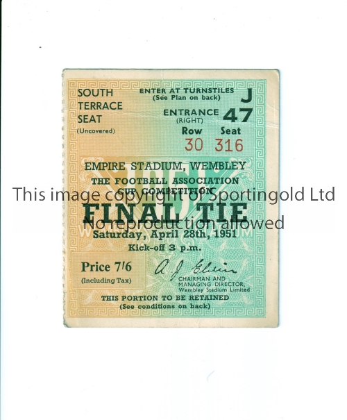 1951 FA CUP FINAL Seat Ticket for Newcastle United v Blackpool, slight horizontal crease.