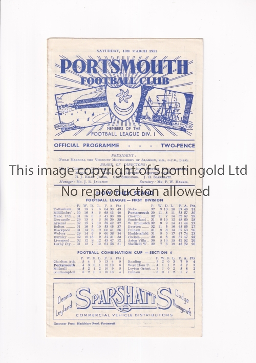 MANCHESTER UNITED Programme for the away League match v Portsmouth 10/3/1951, horizontal crease,