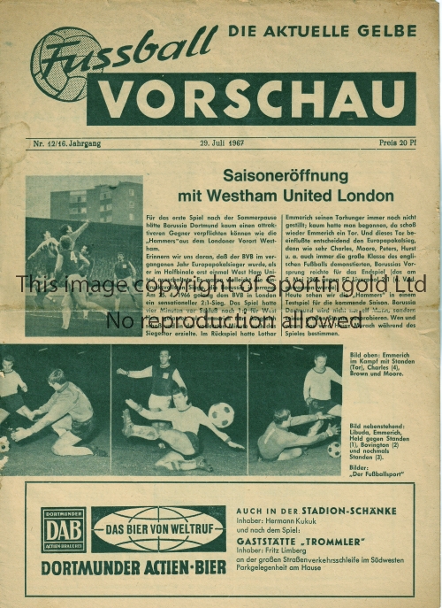 WEST HAM UNITED Programme for the away Friendly Borussia Dortmund 29/7/1967, slight horizontal